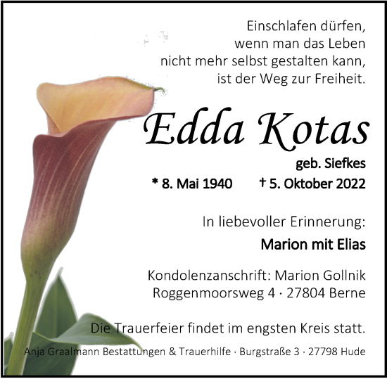 Traueranzeige von Edelgard Kotas von Nordwest-Zeitung
