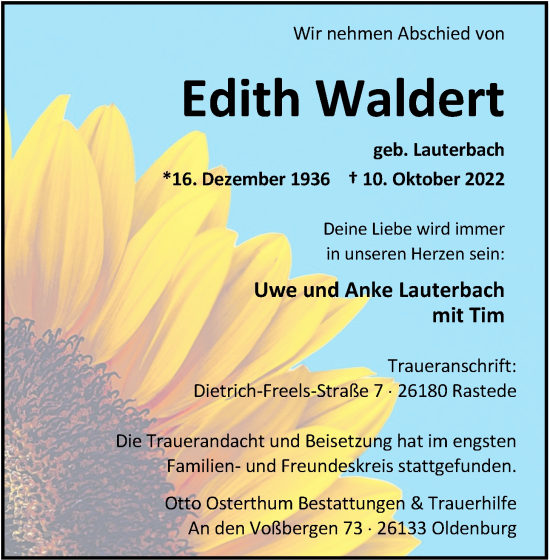 Traueranzeige von Edith Waldert von Nordwest-Zeitung