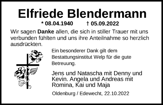 Traueranzeige von Elfriede Blendermann von Nordwest-Zeitung