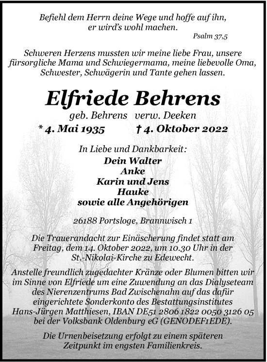 Traueranzeige von Elfriede Deeken von Nordwest-Zeitung