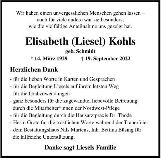 Traueranzeige von Elisabeth Kohls von Nordwest-Zeitung