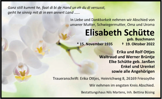 Traueranzeige von Elisabeth Schütte von Nordwest-Zeitung