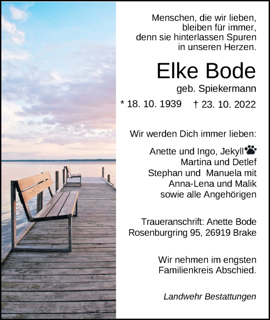 Traueranzeige von Elke Bode von Nordwest-Zeitung
