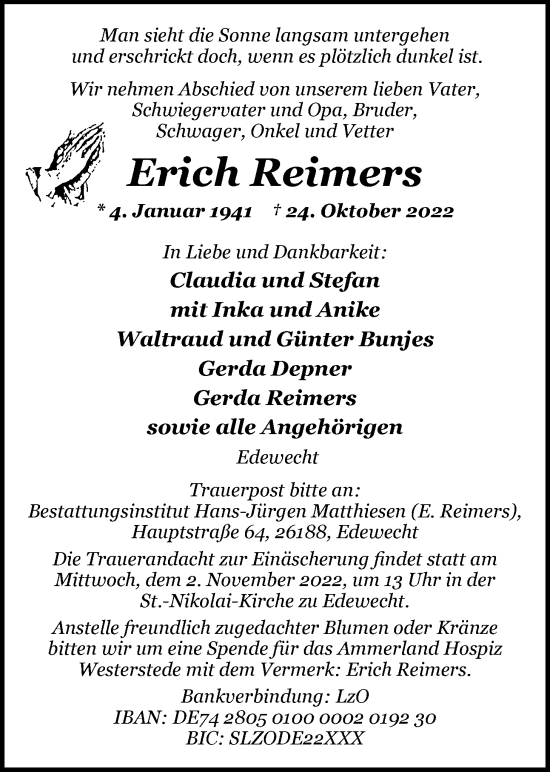 Traueranzeige von Erich Reimers von Nordwest-Zeitung
