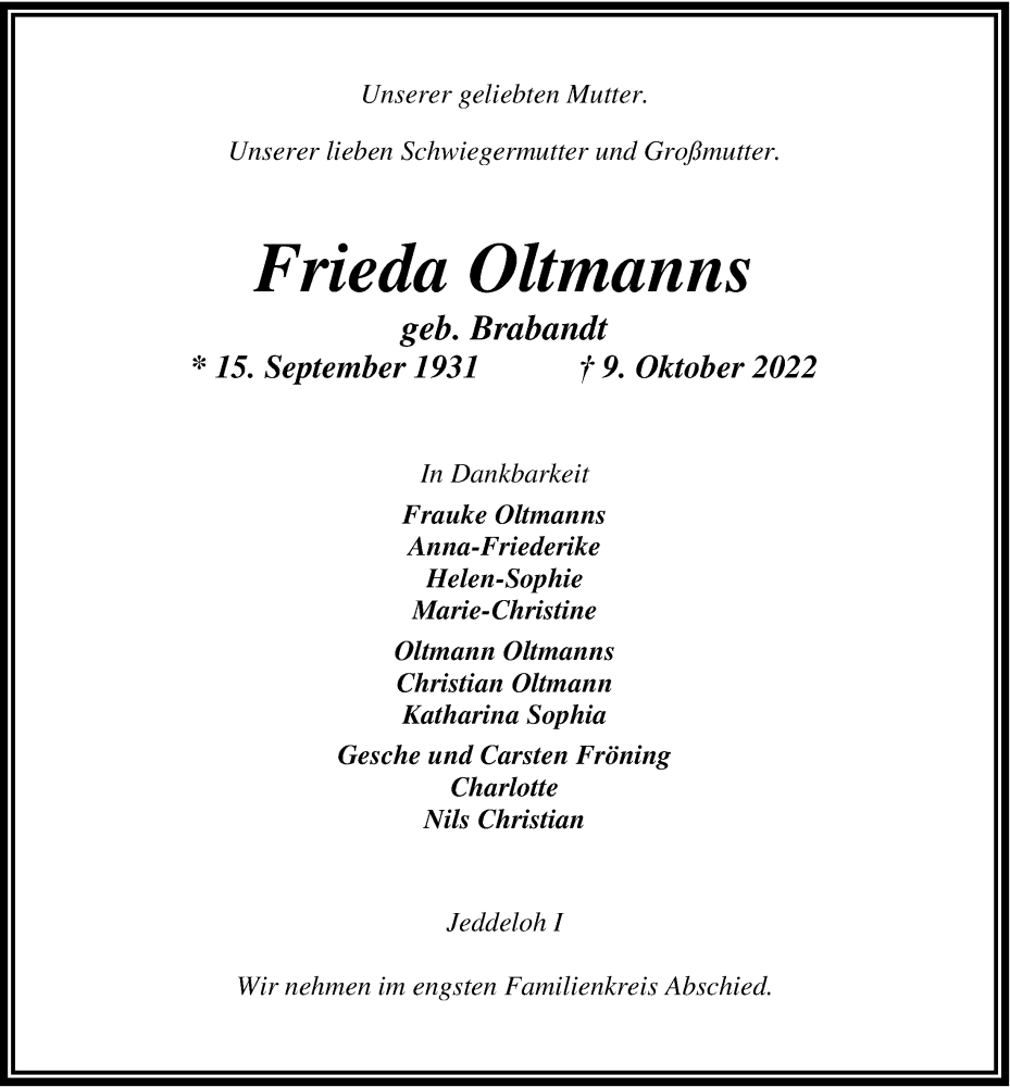  Traueranzeige für Frieda Oltmanns vom 15.10.2022 aus Nordwest-Zeitung