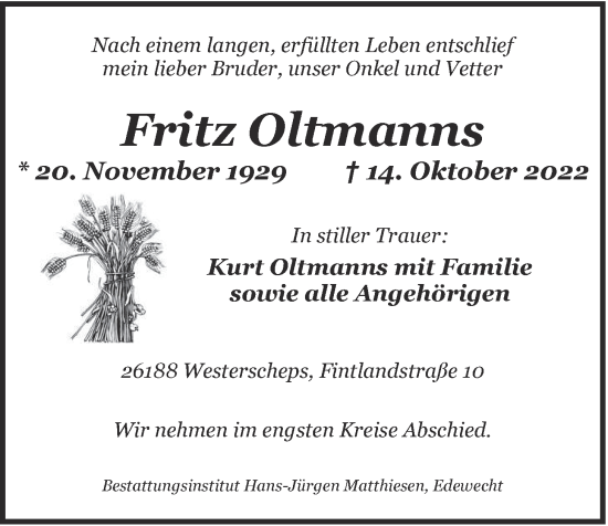 Traueranzeige von Fritz Oltmanns von Nordwest-Zeitung