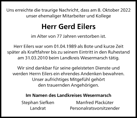 Traueranzeige von Gerd Eilers von Nordwest-Zeitung