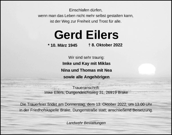 Traueranzeige von Gerd Eilers von Nordwest-Zeitung