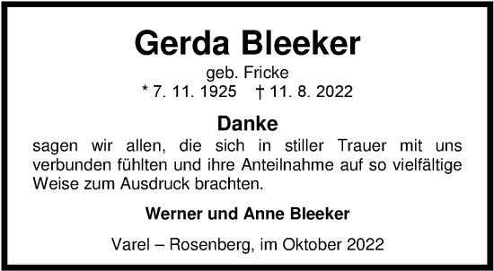 Traueranzeige von Gerda Bleeker von Nordwest-Zeitung