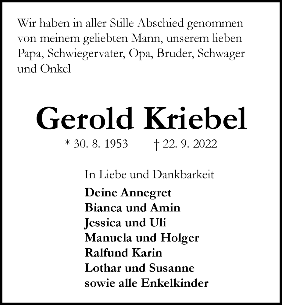 Traueranzeigen von Gerold Kriebel | nordwest-trauer.de