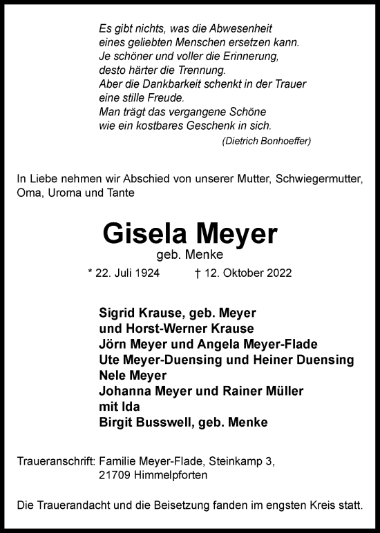 Traueranzeige von Gisela Meyer von Nordwest-Zeitung