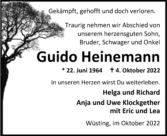 Traueranzeige von Guido Heinemann von Nordwest-Zeitung