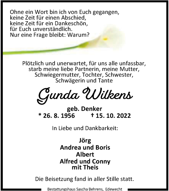 Traueranzeige von Gunda Wilkens von Nordwest-Zeitung