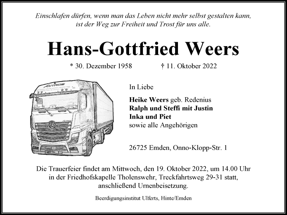  Traueranzeige für Hans-Gottfried Weers vom 15.10.2022 aus Emder Zeitung