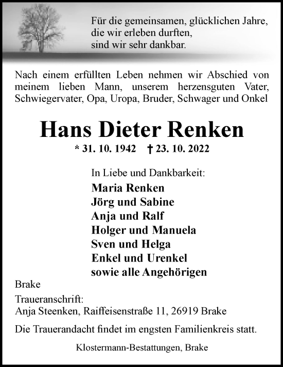 Traueranzeige von Hans Dieter Renken von Nordwest-Zeitung