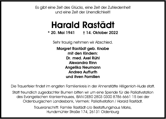 Traueranzeige von Harald Rastädt von Nordwest-Zeitung