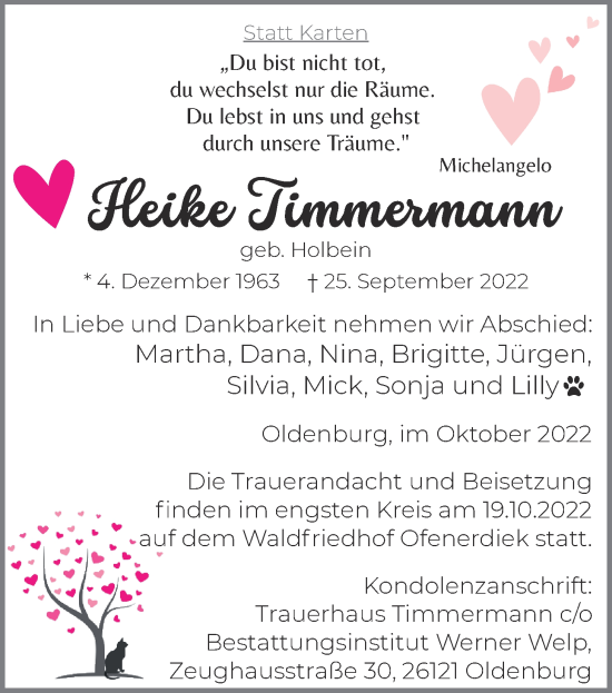 Traueranzeige von Heike Timmermann von Nordwest-Zeitung
