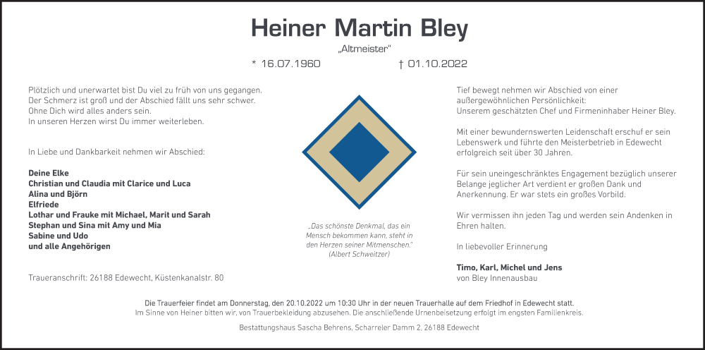  Traueranzeige für Heiner Martin Bley vom 08.10.2022 aus Nordwest-Zeitung