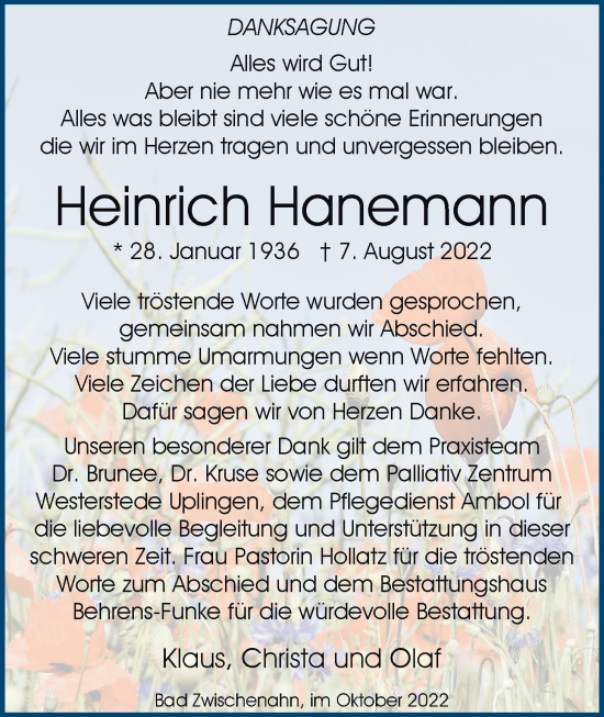 Traueranzeige von Heinrich Hanemann von Nordwest-Zeitung