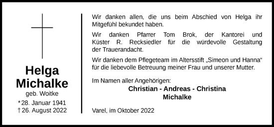 Traueranzeige von Helga Michalke von Nordwest-Zeitung