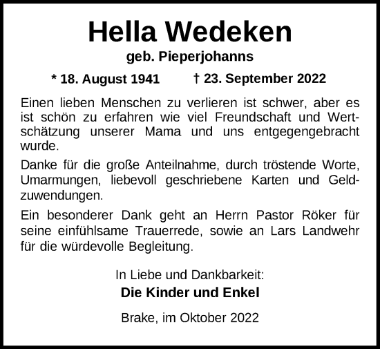 Traueranzeige von Hella Wedeken von Nordwest-Zeitung