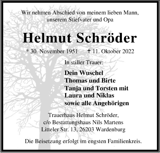Traueranzeige von Helmut Schröder von Nordwest-Zeitung