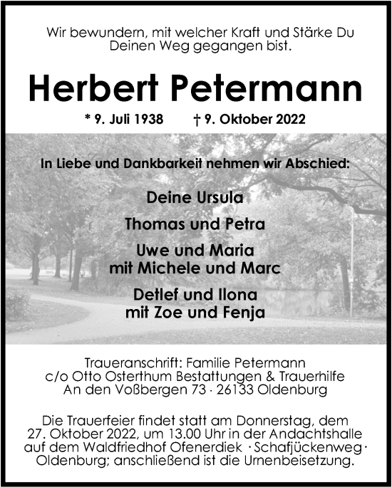 Traueranzeige von Herbert Petermann von Nordwest-Zeitung