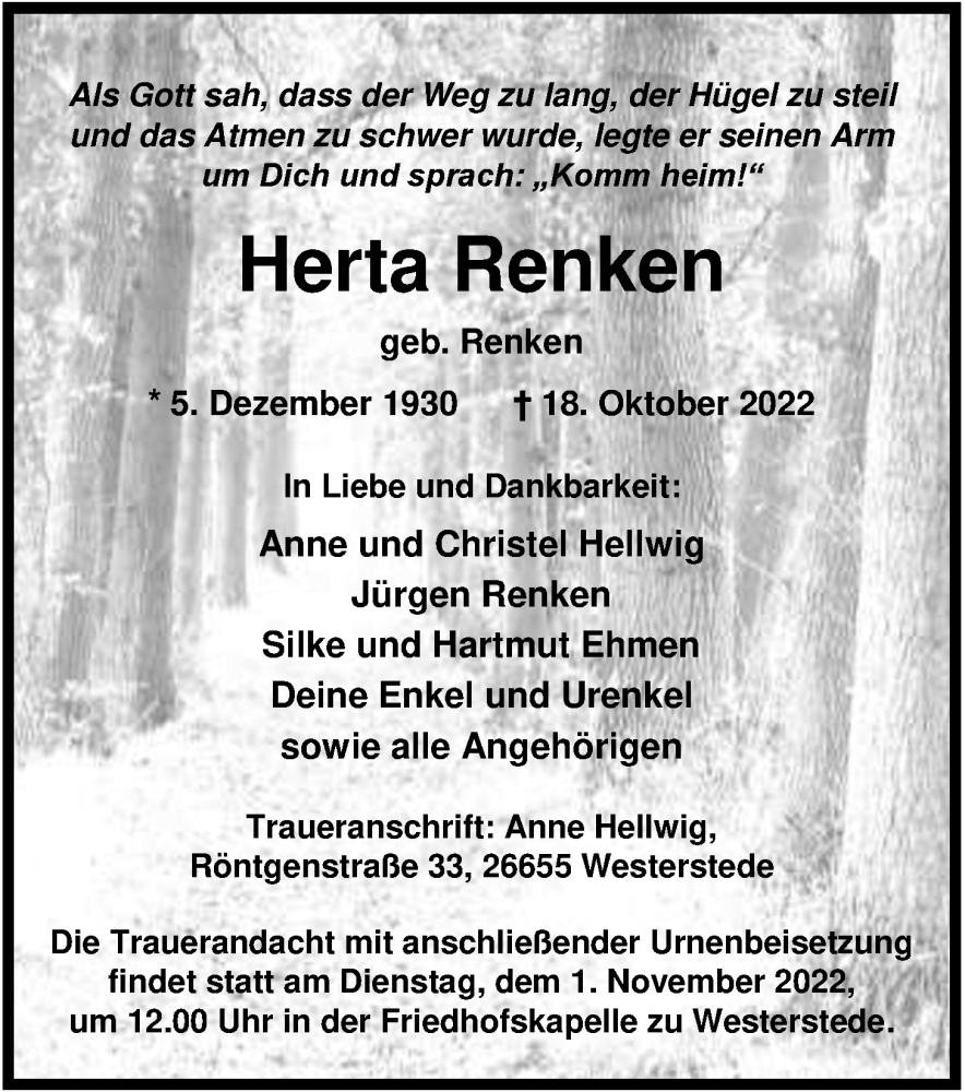  Traueranzeige für Herta Renken vom 21.10.2022 aus Nordwest-Zeitung