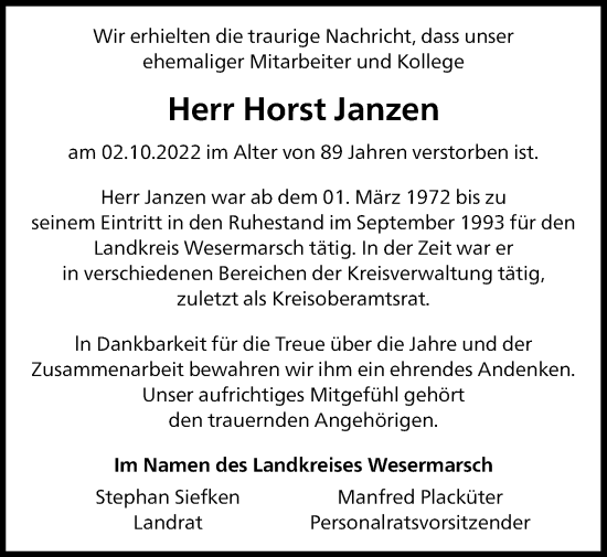 Traueranzeige von Horst Janzen von Nordwest-Zeitung