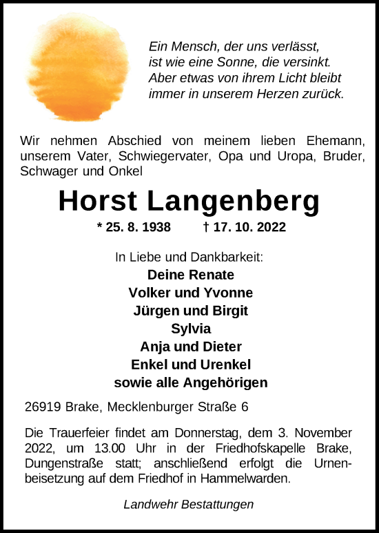 Traueranzeige von Horst Langenberg von Nordwest-Zeitung