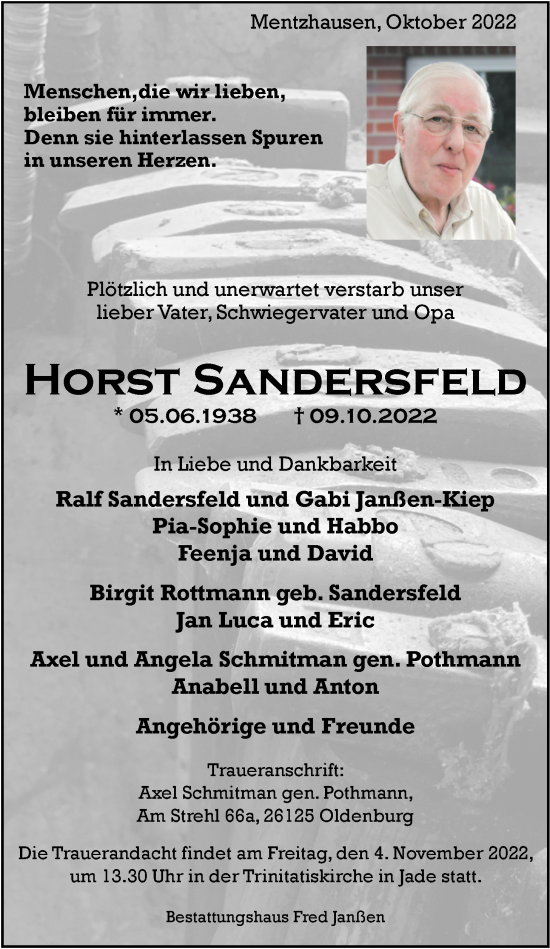 Traueranzeige von Horst Sandersfeld von Nordwest-Zeitung