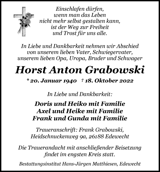 Traueranzeige von Horst Anton Grabowski von Nordwest-Zeitung