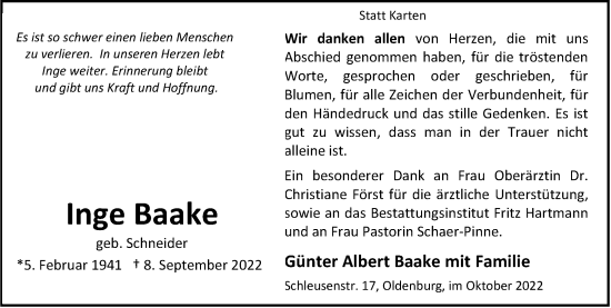 Traueranzeige von Inge Baake von Nordwest-Zeitung