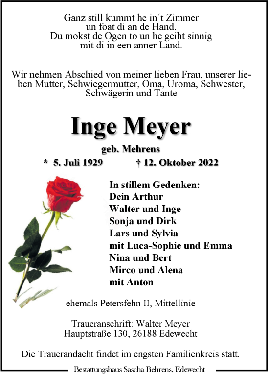 Traueranzeige von Inge Meyer von Nordwest-Zeitung