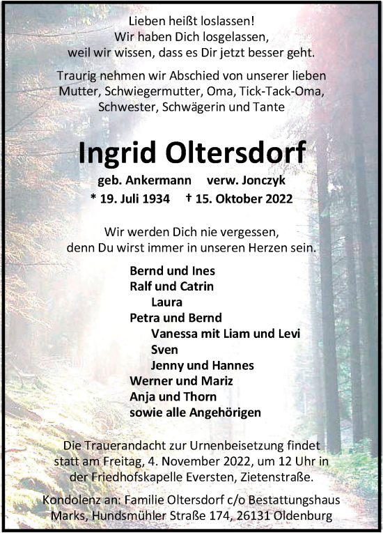 Traueranzeige von Ingrid Oltersdorf von Nordwest-Zeitung