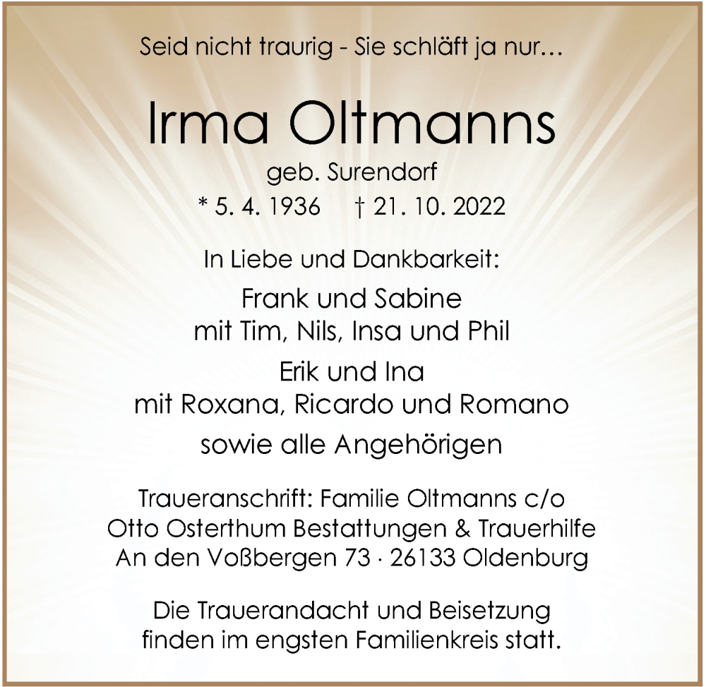  Traueranzeige für Irma Oltmanns vom 29.10.2022 aus Nordwest-Zeitung