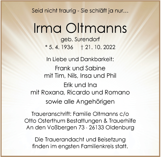 Traueranzeige von Irma Oltmanns von Nordwest-Zeitung