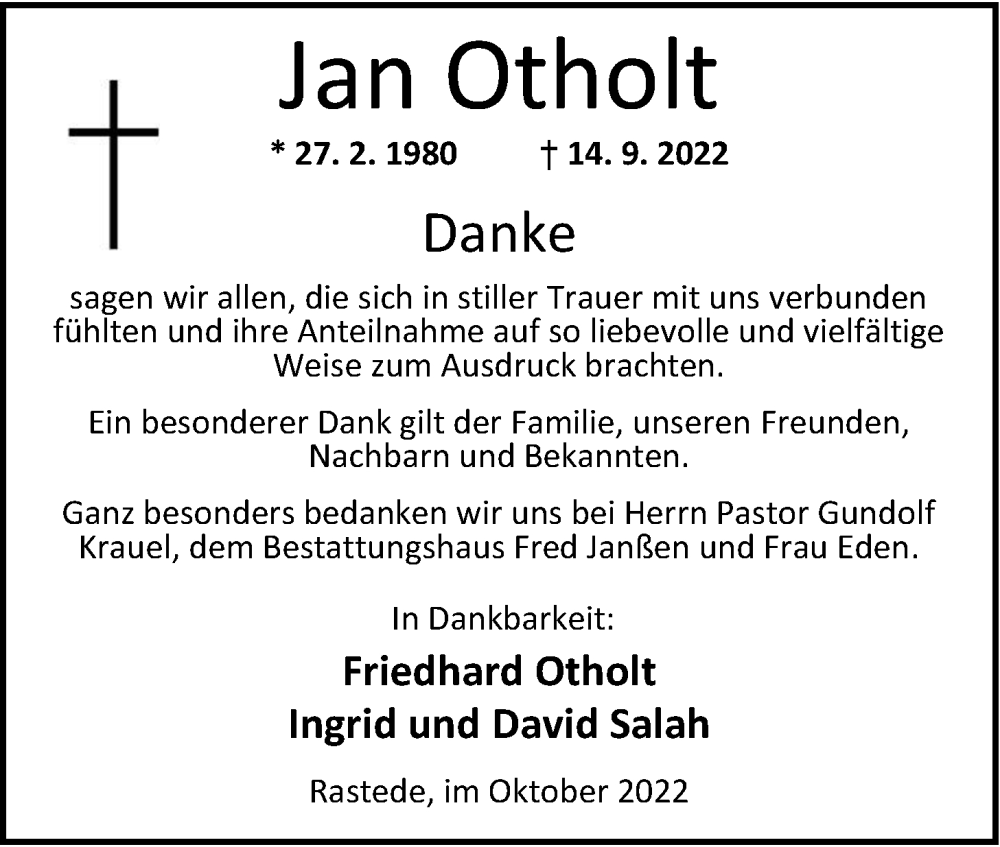  Traueranzeige für Jan Otholt vom 22.10.2022 aus Nordwest-Zeitung