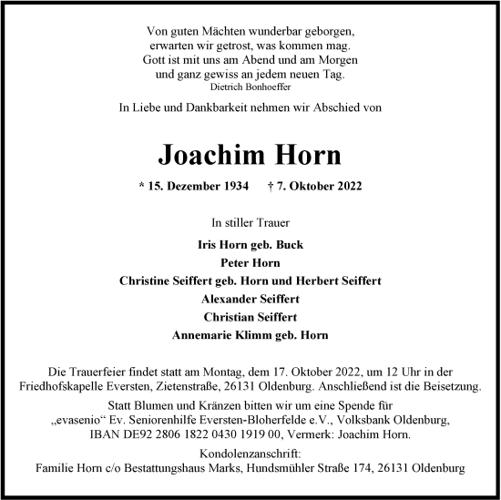 Traueranzeige von Joachim Horn von Nordwest-Zeitung