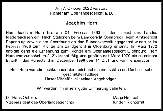 Traueranzeige von Joachim Horn von Nordwest-Zeitung