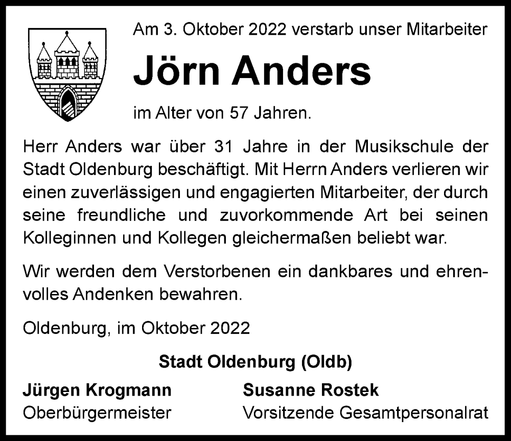  Traueranzeige für Jörn Anders vom 22.10.2022 aus Nordwest-Zeitung