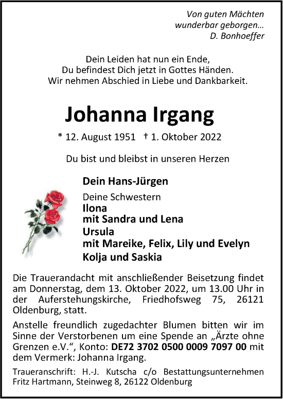 Traueranzeige von Johanna Irgang von Nordwest-Zeitung