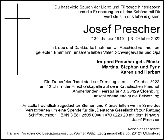 Traueranzeige von Josef Prescher von Nordwest-Zeitung