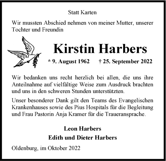 Traueranzeige von Kirstin Harbers von Nordwest-Zeitung