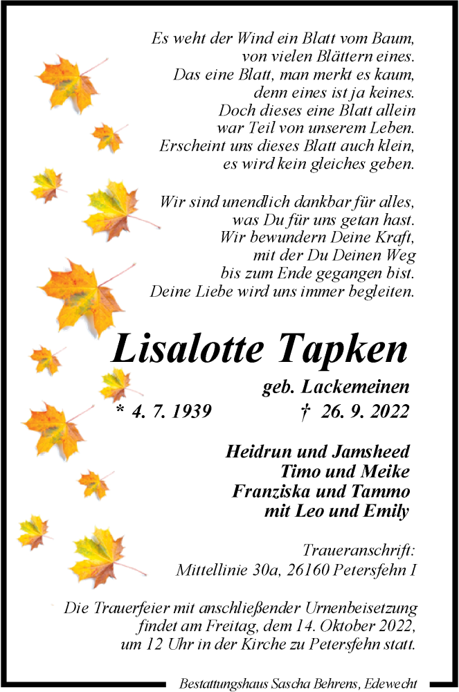  Traueranzeige für Lisalotte Tapken vom 05.10.2022 aus Nordwest-Zeitung