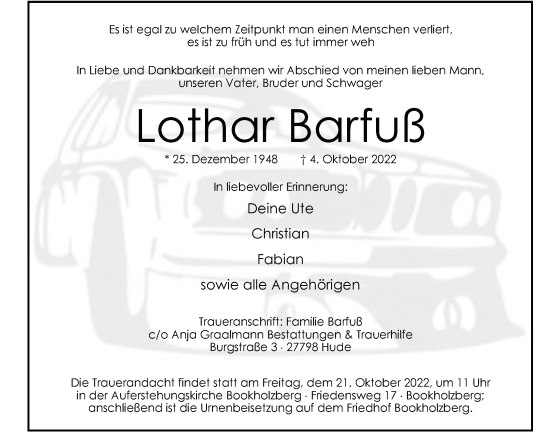 Traueranzeige von Lothar Barfuß von Nordwest-Zeitung