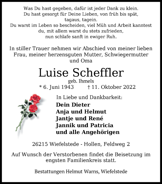 Traueranzeige von Luise Scheffler von Nordwest-Zeitung