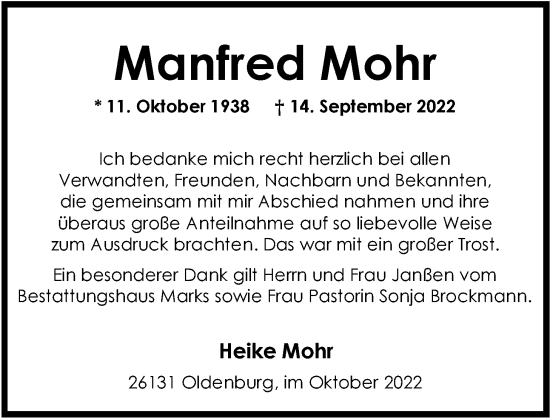 Traueranzeige von Manfred Mohr von Nordwest-Zeitung