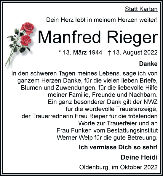 Traueranzeige von Manfred Rieger von Nordwest-Zeitung