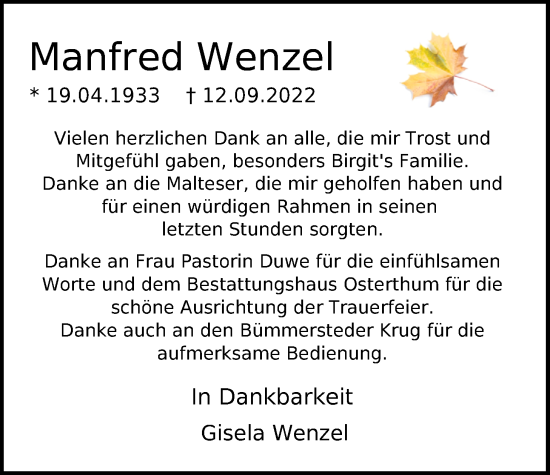 Traueranzeige von Manfred Wenzel von Nordwest-Zeitung